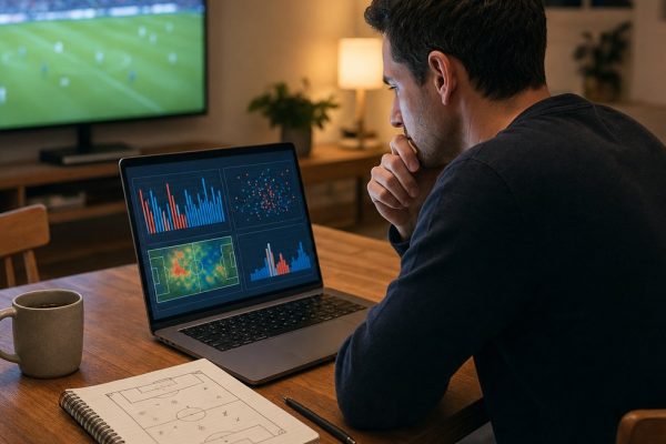 Wedstrijdstatistieken analyseren op een laptop met xG-grafieken en een schotkaart