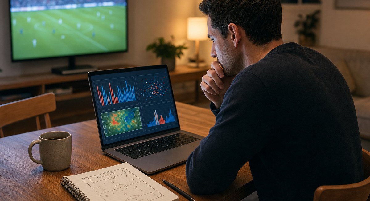 Wedstrijdstatistieken analyseren op een laptop met xG-grafieken en een schotkaart